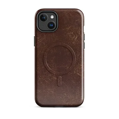 distressed leather surface in deep mahogany with cracked amber and tan veining throughout on Glossy Worn Leather Legacy MagSafe Tough Case for iPhone - default - Front view — magsafe phone case