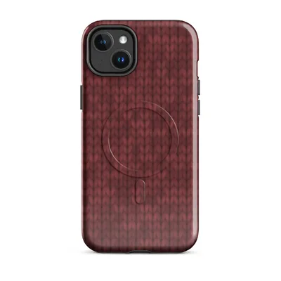 close-up realistic red knitted wool sweater stitch pattern in deep crimson tones with vertical ribbing texture on Glossy Crimson Knit Cozy MagSafe Tough Case for iPhone - default - Front view — magsafe phone case