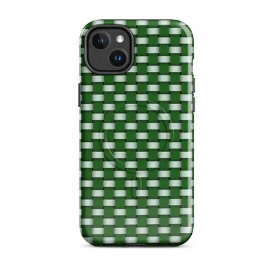 repeating woven basket-weave grid pattern in deep forest green and soft mint white with subtle 3D shading on each rectangular tile on Glossy Grid Weave Green MagSafe Tough Case for iPhone - default - Front view — magsafe phone case