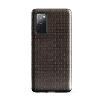 close-up woven basketweave pattern in deep chocolate brown with interlocking horizontal and vertical fiber strands on Glossy Woven Rattan Tough Case for Samsung - default - Front view — samsung phone case