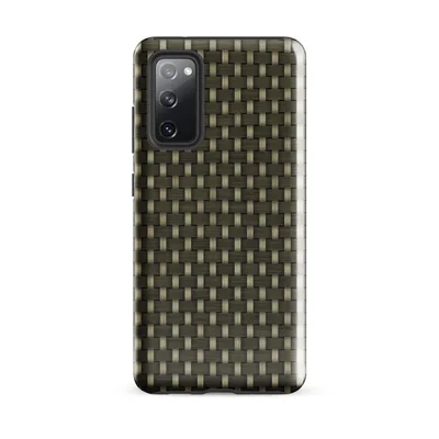 close-up woven basket texture in deep olive and warm khaki, interlocking horizontal and vertical bands with realistic fiber shading on Glossy Tactical Weave Armor Tough Case for Samsung - default - Front view — samsung phone case