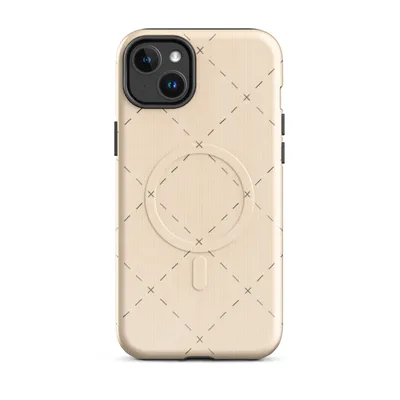 repeating diamond lattice of grey dashed lines and small cross stitch marks on a warm peachy cream background on Glossy Delicate Cross Stitch Lattice MagSafe Tough Case for iPhone - default - Front view — magsafe phone case