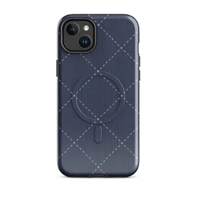 diagonal diamond grid of white dashed stitch lines and small cross marks on a deep navy blue textured background on Glossy Navy Quilted Stitch MagSafe Tough Case for iPhone - default - Front view — magsafe phone case