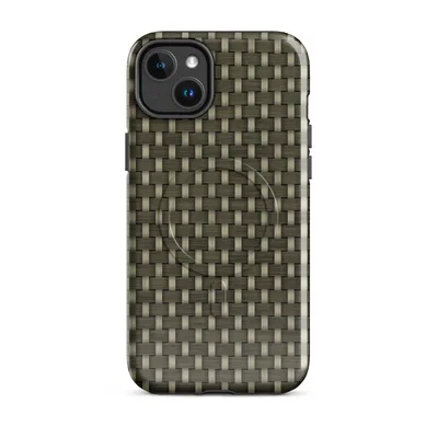 tightly interlocked over-under basketweave pattern in deep olive green and warm khaki tones resembling hand-woven rattan on Glossy Woven Rattan Texture MagSafe Tough Case for iPhone - default - Front view — magsafe phone case