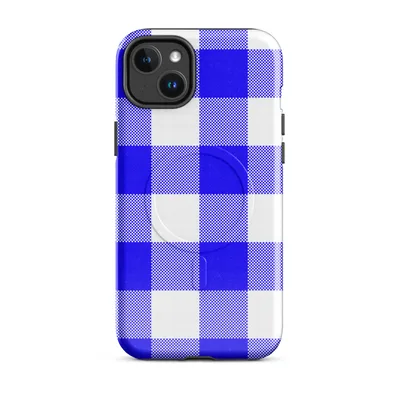 bold cobalt blue and white gingham check pattern with a traditional woven grid of solid, mixed, and open squares on Glossy Classic Blue Gingham Check MagSafe Tough Case for iPhone - default - Front view — magsafe phone case