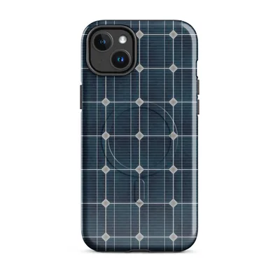 close-up repeating pattern of deep navy blue monocrystalline solar cells with silver metallic grid lines and diamond-shaped corner intersections on Glossy Solar Grid Power MagSafe Tough Case for iPhone - default - Front view — magsafe phone case