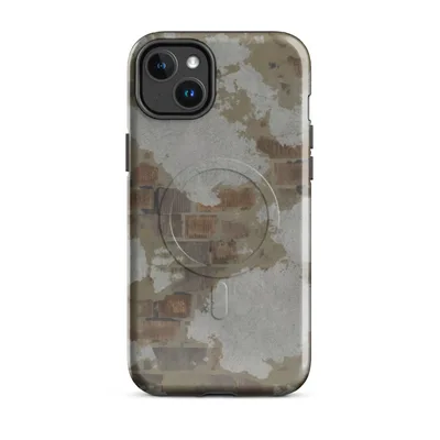 peeling white and grey plaster revealing aged terracotta bricks beneath, with rust stains and earthy tones in a photorealistic style on Glossy Crumbling Plaster Brick Wall MagSafe Tough Case for iPhone - default - Front view — magsafe phone case