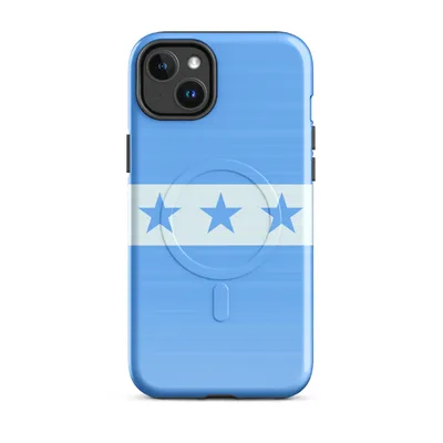 seven blue five-pointed stars on a white horizontal band flanked by solid sky-blue fields above and below on Glossy Seven Stars Sky Blue MagSafe Tough Case for iPhone - default - Front view — magsafe phone case