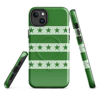 alternating deep forest green and soft mint horizontal stripes with rows of five-pointed stars in a monochromatic green palette on Glossy Green Stars and Stripes MagSafe Tough Case for iPhone - default - Front view — magsafe phone case