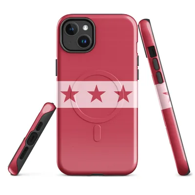row of seven dark crimson five-pointed stars on a pale pink horizontal stripe over a solid deep red background on Glossy Red Star Band MagSafe Tough Case for iPhone - default - Front view — magsafe phone case
