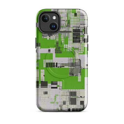 aerial-view circuit board cityscape with vivid green grids, black modular blocks, and gray architectural zones on Glossy Circuit City Digital Camo MagSafe Tough Case for iPhone - default - Front view — magsafe phone case