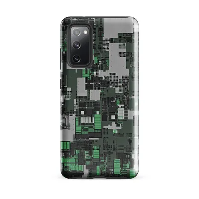 dense overhead grid of interlocking industrial structures in forest green, charcoal black, and concrete gray resembling a circuit board city map on Glossy Circuit City Camo Tough Case for Samsung - default - Front view — samsung phone case