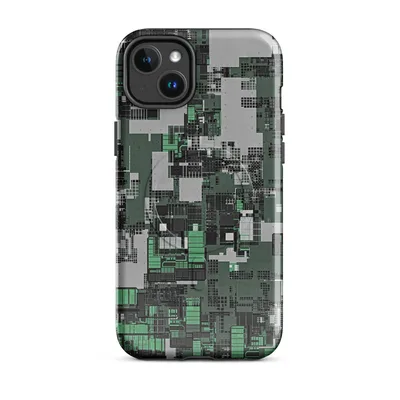 aerial view of a dense cyberpunk cityscape in forest green, mint, and slate gray with circuit board-like grid patterns on Glossy Circuit City Camo MagSafe Tough Case for iPhone - default - Front view — magsafe phone case