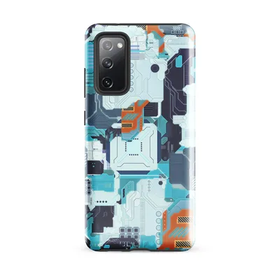dense futuristic circuit board pattern in cyan, electric blue, navy, and orange with microchip components and data pathway details on Glossy Circuit Surge Tech Armor Tough Case for Samsung - default - Front view — samsung phone case