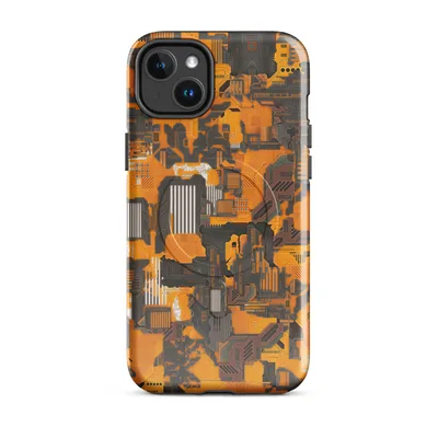 dense mechanical circuit board pattern in vivid orange, amber, and charcoal with layered conduits, grid panels, and tech node details on Glossy Circuit Siege Armor MagSafe Tough Case for iPhone - default - Front view — magsafe phone case