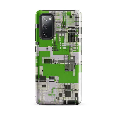 aerial city grid of electric green, white, and charcoal black geometric blocks and branching circuit-like pathways on a green background on Glossy Circuit City Digital Camo Tough Case for Samsung - default - Front view — samsung phone case
