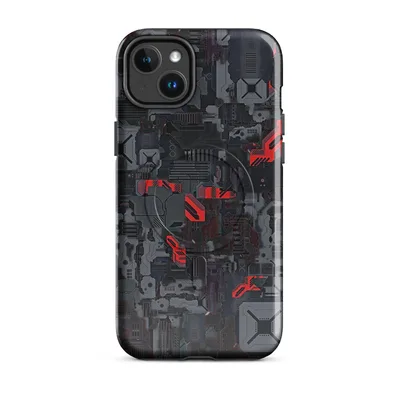 dense layered sci-fi circuit board panels in dark grey and black with glowing red mechanical accent pieces scattered throughout on Glossy Dark Mech Circuit Armor MagSafe Tough Case for iPhone - default - Front view — magsafe phone case