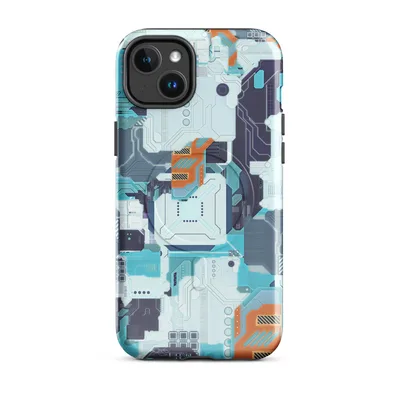 dense circuit board pattern with layered cyan, navy, and orange geometric components in a flat digital illustration style on Glossy Circuit City Tech Camo MagSafe Tough Case for iPhone - default - Front view — magsafe phone case