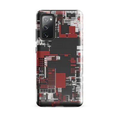 overhead urban grid map abstraction in deep red, white, and charcoal with overlapping rectangular architectural layers on Glossy Grid City Chaos Tough Case for Samsung - default - Front view — samsung phone case