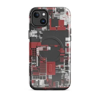 aerial city grid abstraction in deep crimson, white, and charcoal with dense overlapping rectangular structures and intersecting lines on Glossy Circuit City Chaos MagSafe Tough Case for iPhone - default - Front view — magsafe phone case