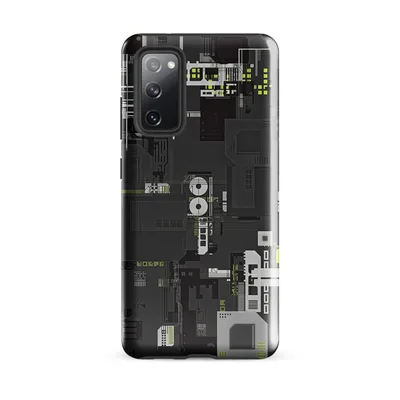 dense overhead schematic of industrial machinery and circuit pathways in charcoal gray with electric yellow-green accents on Glossy Circuit City Tough Case for Samsung - default - Front view — samsung phone case