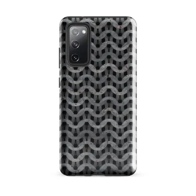 close-up pattern of interlocking steel chain mail rings with rust spots and aged grey metal tones on black background on Glossy Iron Chain Armor Tough Case for Samsung - default - Front view — samsung phone case