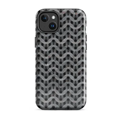 close-up chainmail armor pattern in weathered grey steel with rust spots and interlocking wave-shaped rings on black on Glossy Iron Weave Armor MagSafe Tough Case for iPhone - default - Front view — magsafe phone case