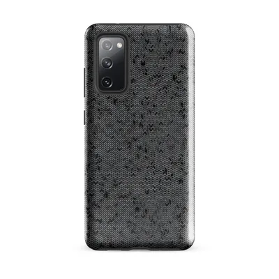 close-up chain mail armor pattern in deep charcoal and steel grey with interlocking loops and scattered dark voids on Glossy Dark Chain Mail Armor Tough Case for Samsung - default - Front view — samsung phone case