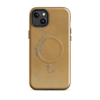 aged ochre and golden-mustard plaster surface with scattered grey weathered patches and peeling texture on a warm sandy background on Glossy Desert Sand Weathered Patina MagSafe Tough Case for iPhone - default - Front view — magsafe phone case