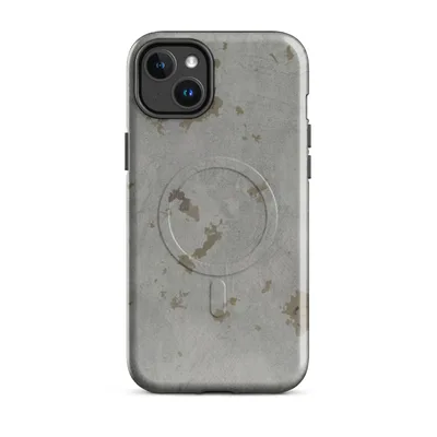 weathered gray concrete surface with irregular patches of warm khaki and muted gold simulating oxidation and peeling plaster on Glossy Weathered Concrete Urban MagSafe Tough Case for iPhone - default - Front view — magsafe phone case
