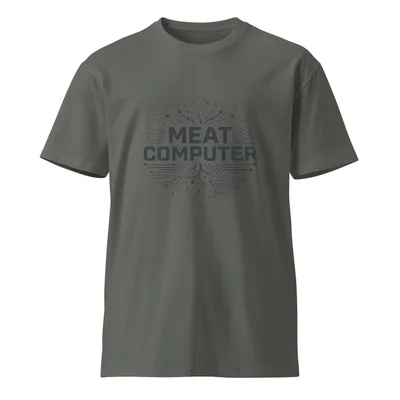 bold black text reading Meat Computer inside a circle merging branching neuron dendrites above with circuit board traces below, monochrome on Charcoal Meat Computer Unisex Tee - default - Front view