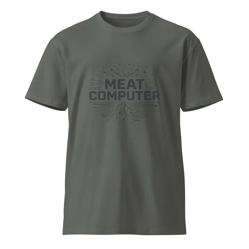 Charcoal Meat Computer Unisex Tee — bold black text reading Meat Computer inside a circle merging branching neuron dendrites