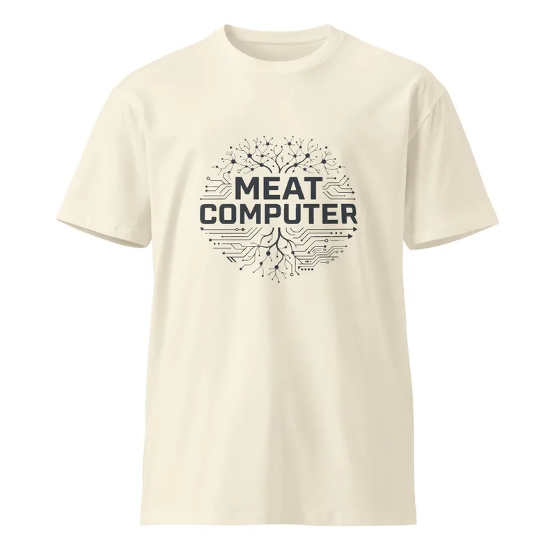 Natural Meat Computer Unisex Tee — bold black text reading Meat Computer inside a circle merging branching neuron dendrites