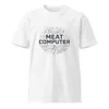 White Meat Computer Unisex Tee — bold black text reading Meat Computer inside a circle merging branching neuron dendrites