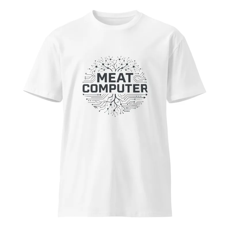 White Meat Computer Unisex Tee — bold black text reading Meat Computer inside a circle merging branching neuron dendrites