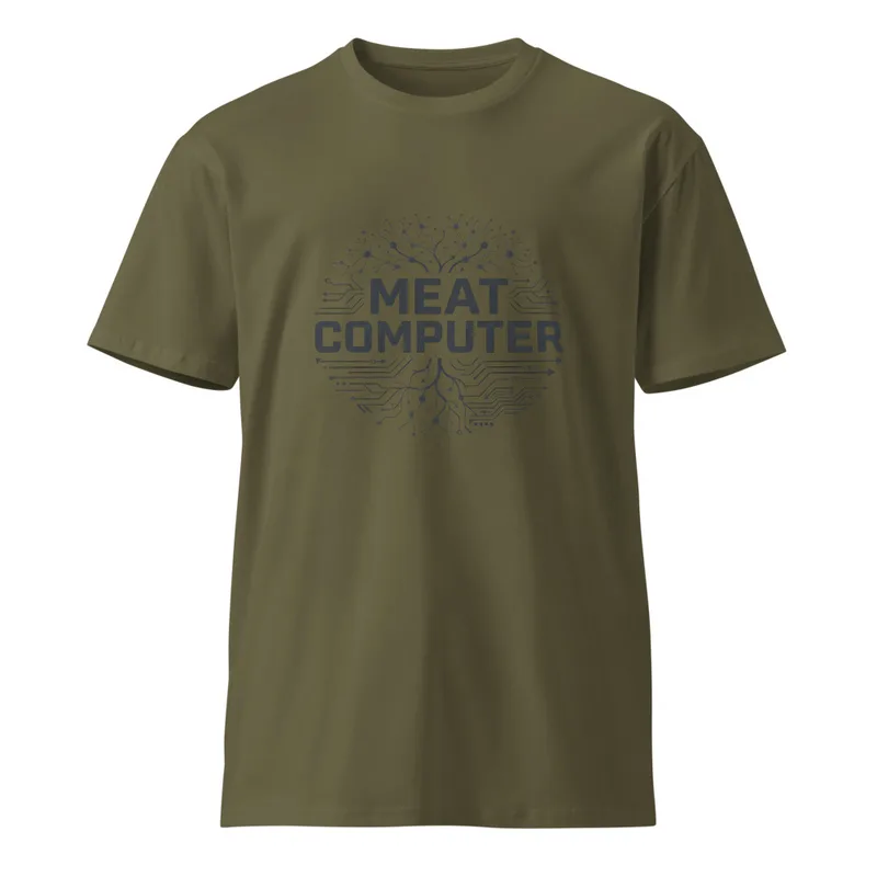Army Meat Computer Unisex Tee — bold black text reading Meat Computer inside a circle merging branching neuron dendrites