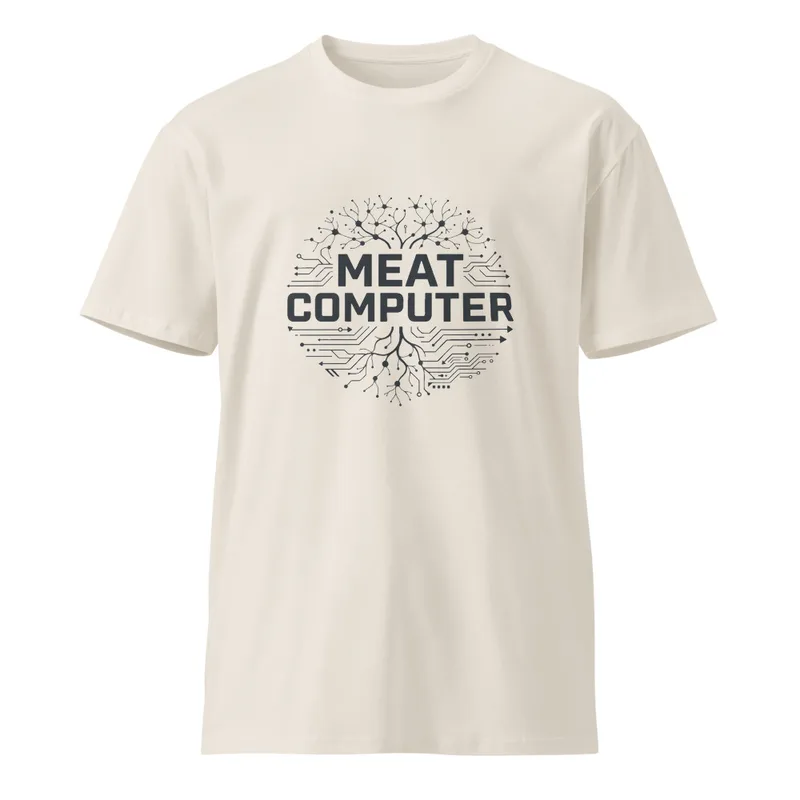 Bone Meat Computer Unisex Tee — bold black text reading Meat Computer inside a circle merging branching neuron dendrites