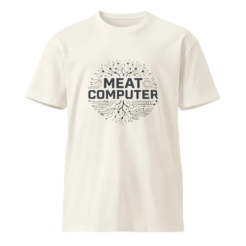 Ecru Meat Computer Unisex Tee — bold black text reading Meat Computer inside a circle merging branching neuron dendrites