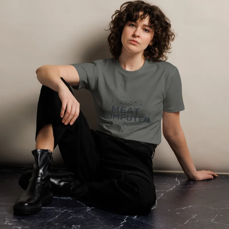 Charcoal Meat Computer Unisex Tee — bold black text reading Meat Computer inside a circle merging branching neuron dendrites