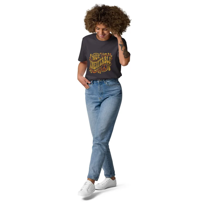 Anthracite Not Inevitable Peace Retro Tee, front view — bold 70s psychedelic lettering reading Not Inevitable with a peace