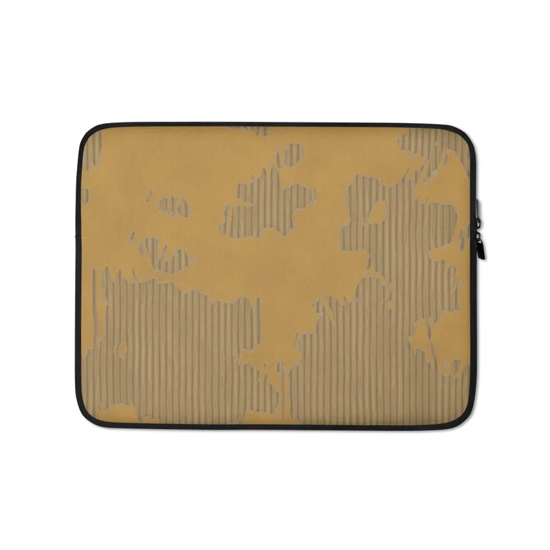 Torn Cardboard World Laptop Sleeve — world map illustration mimicking peeling kraft paper revealing corrugated cardboard