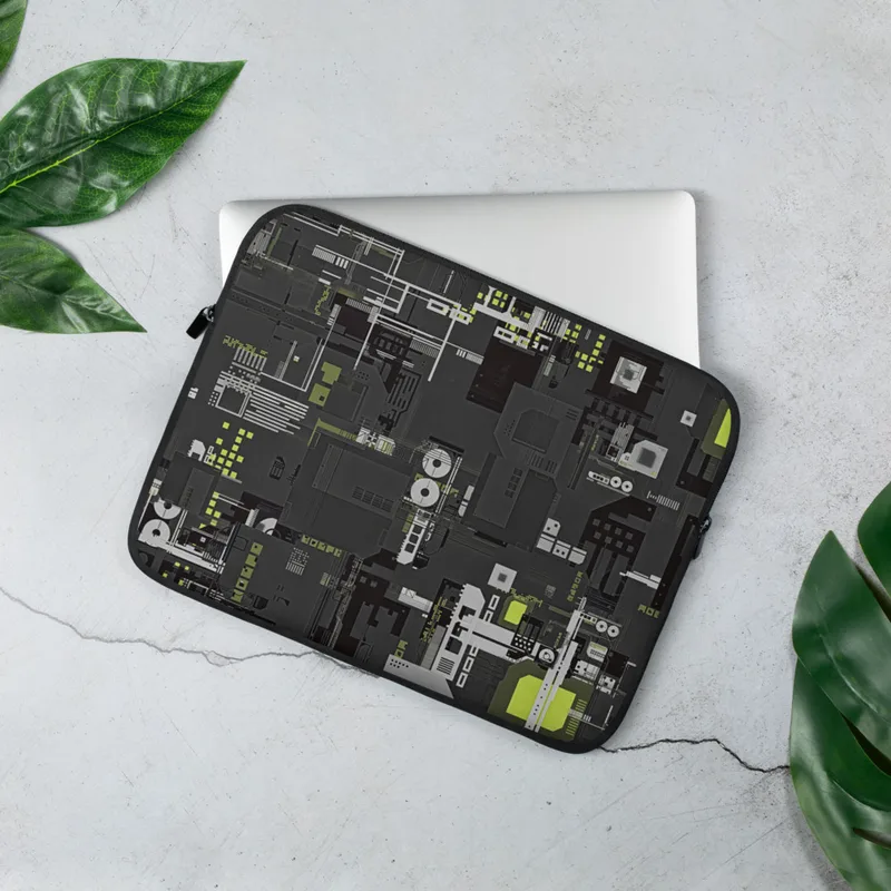 Circuit City Tech Laptop Sleeve — overhead schematic of dense industrial circuitry with cooling fans, processor nodes