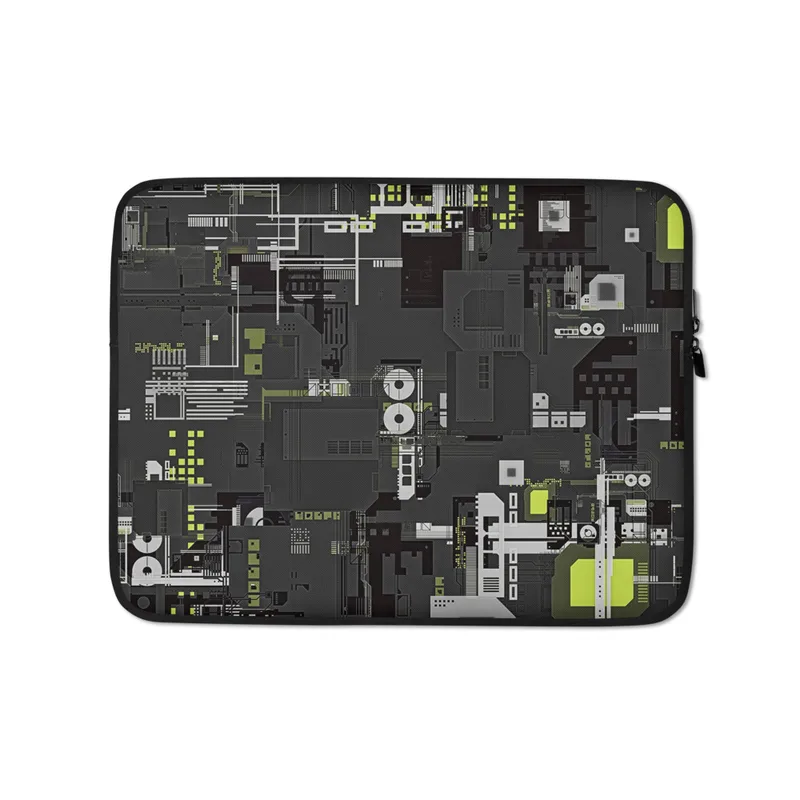 Circuit City Tech Laptop Sleeve — overhead schematic of dense industrial circuitry with cooling fans, processor nodes