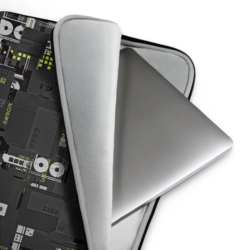Circuit City Tech Laptop Sleeve — overhead schematic of dense industrial circuitry with cooling fans, processor nodes