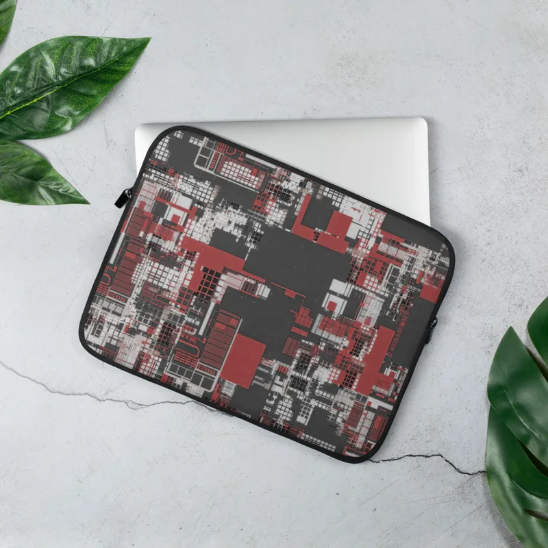 Charcoal Circuit City Chaos Laptop Sleeve — aerial abstract cityscape of intersecting grids and layered rectangular forms