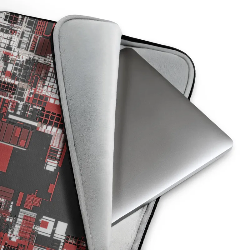 Charcoal Circuit City Chaos Laptop Sleeve — aerial abstract cityscape of intersecting grids and layered rectangular forms