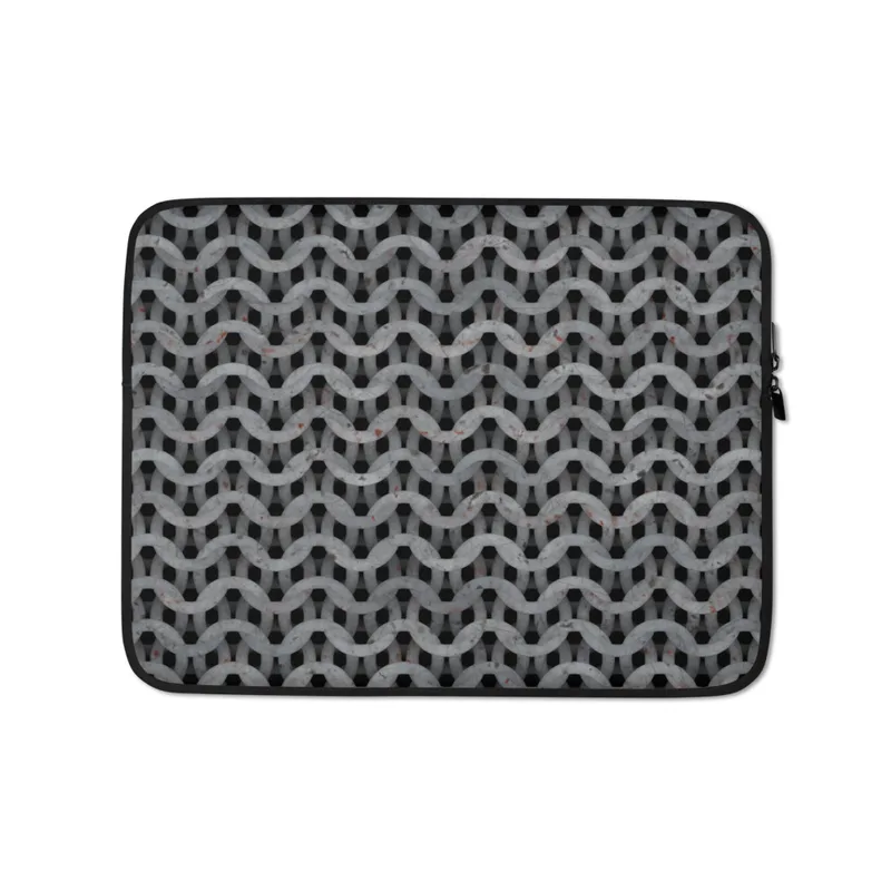 Iron Chain Mail Armor Laptop Sleeve — close-up seamless chain mail pattern in weathered silver-grey metal with rust spots