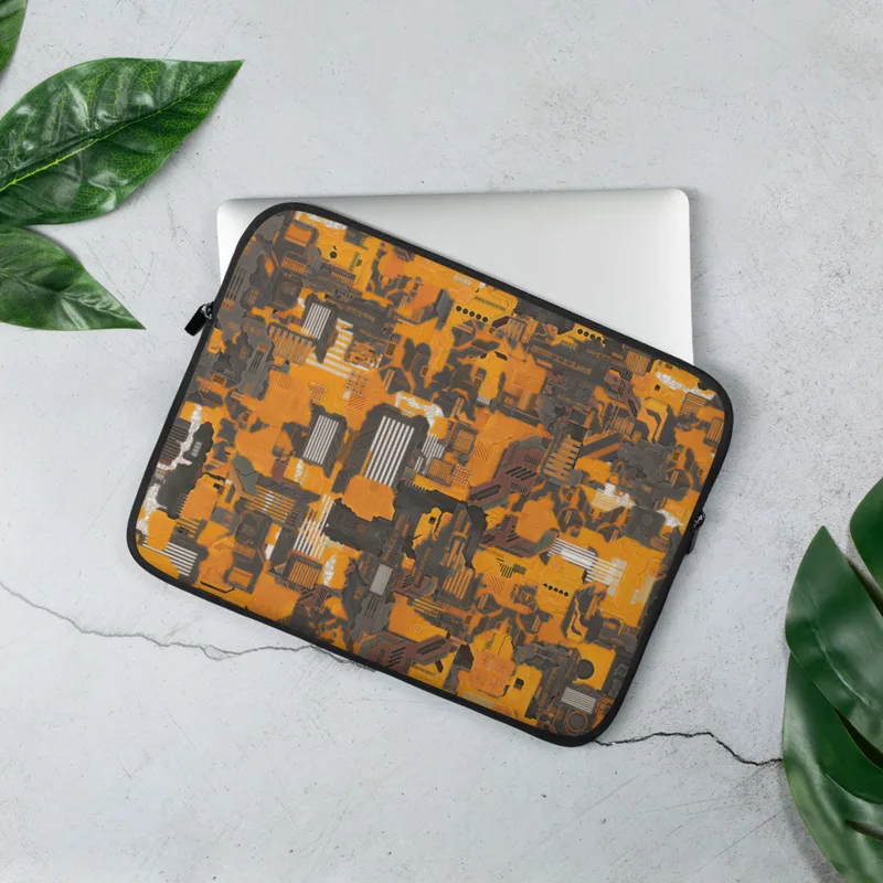 Circuit Camo Tech Fusion Laptop Sleeve — dense mechanical circuit board pattern in vivid orange and dark charcoal