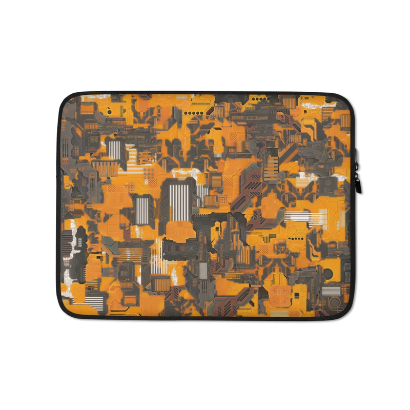 Circuit Camo Tech Fusion Laptop Sleeve — dense mechanical circuit board pattern in vivid orange and dark charcoal