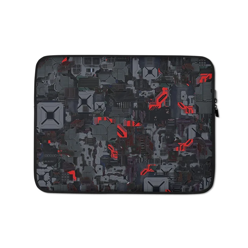 Dark Circuit Breach Laptop Sleeve — densely packed dark grey circuit board panels and mechanical hardware with glowing red